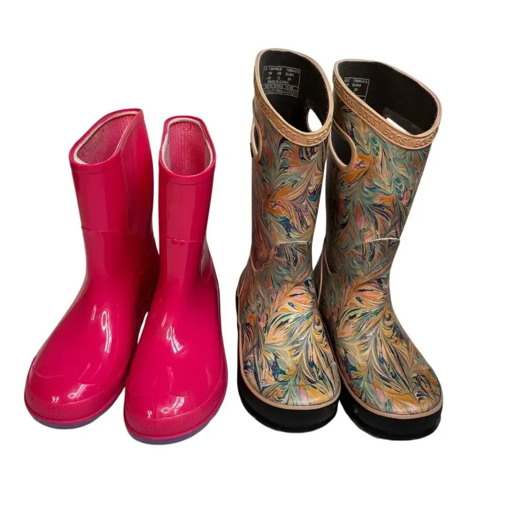 Bogs Girls Rain Boots Marbled Pink Waterproof Muckers Size 11-12